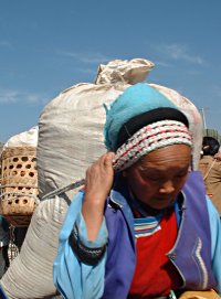 Old woman carrying a very large sack on her back.